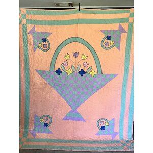 Vintage Appliquéd Tulip Flowers Basket Quilt Charming 80 x 70 READ